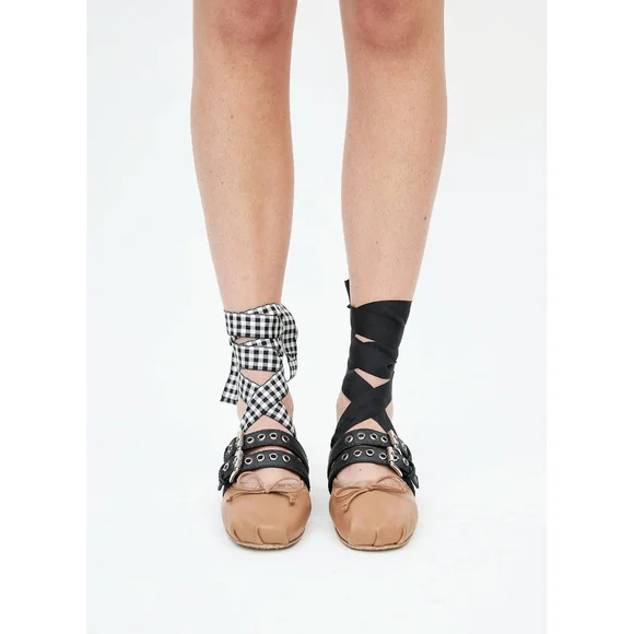 Miu Miu Balletcore Tie Up Belted Leather Ballerina Flats - Picture 7 of 15